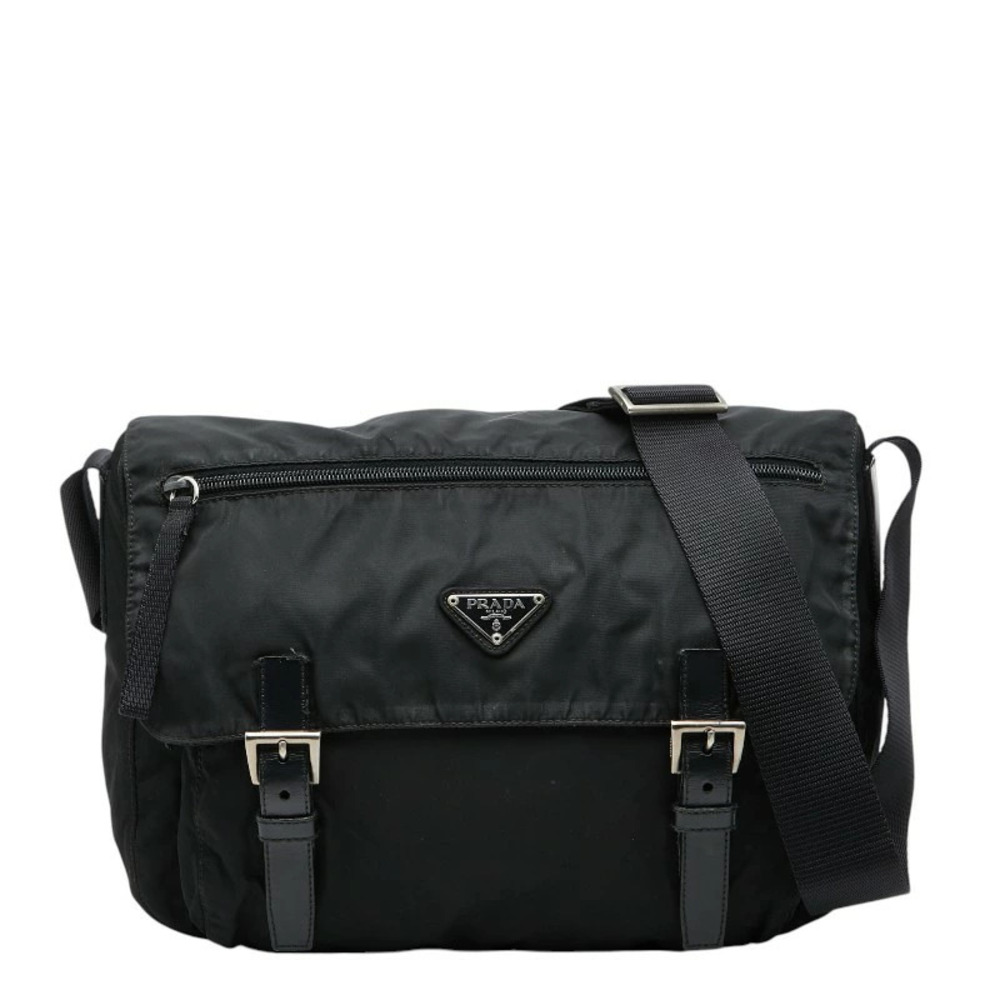 Prada Triangle Plate Shoulder Bag Black Leather